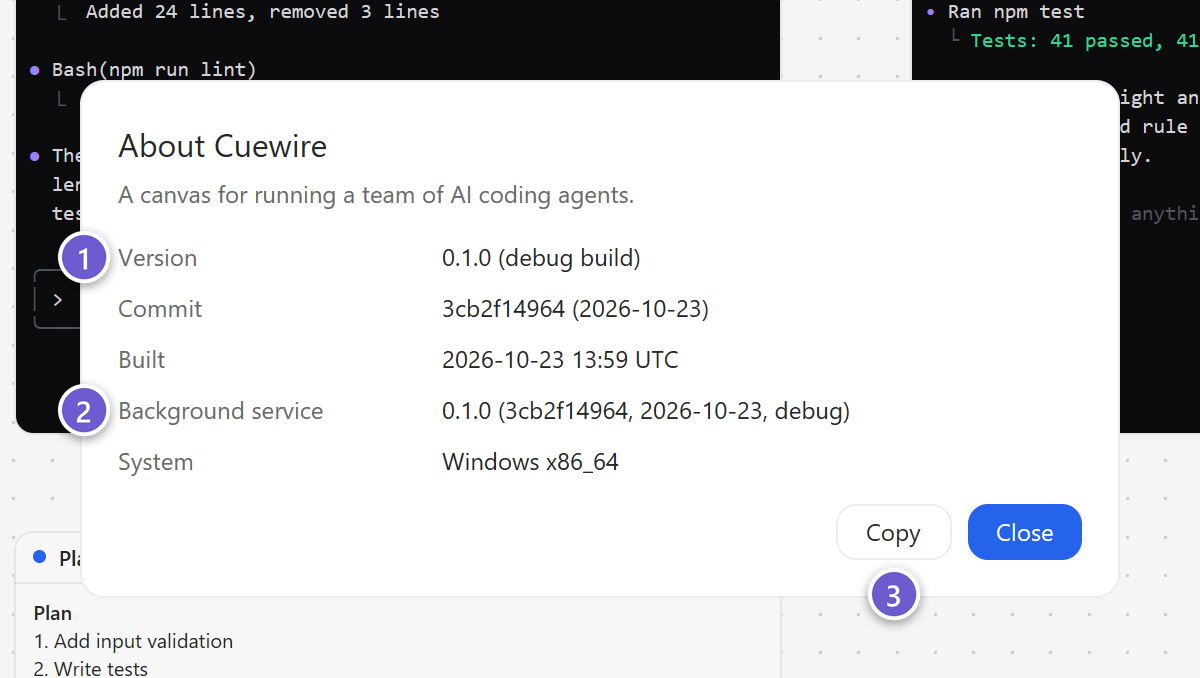 The About Cuewire window with the version, commit, build time and background service