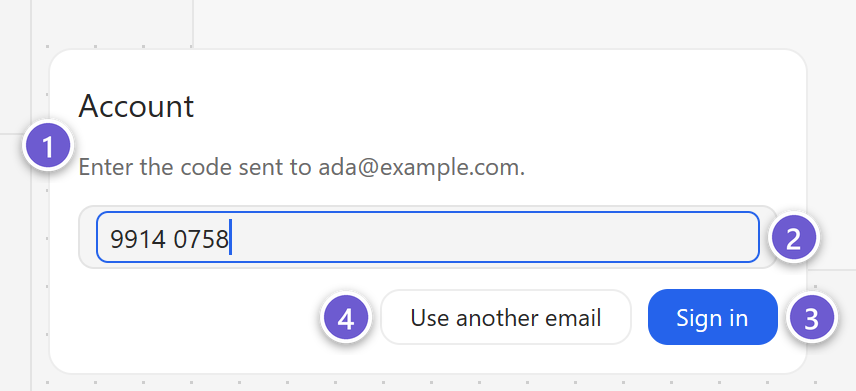 The Account sheet asking for the code sent to ada@example.com