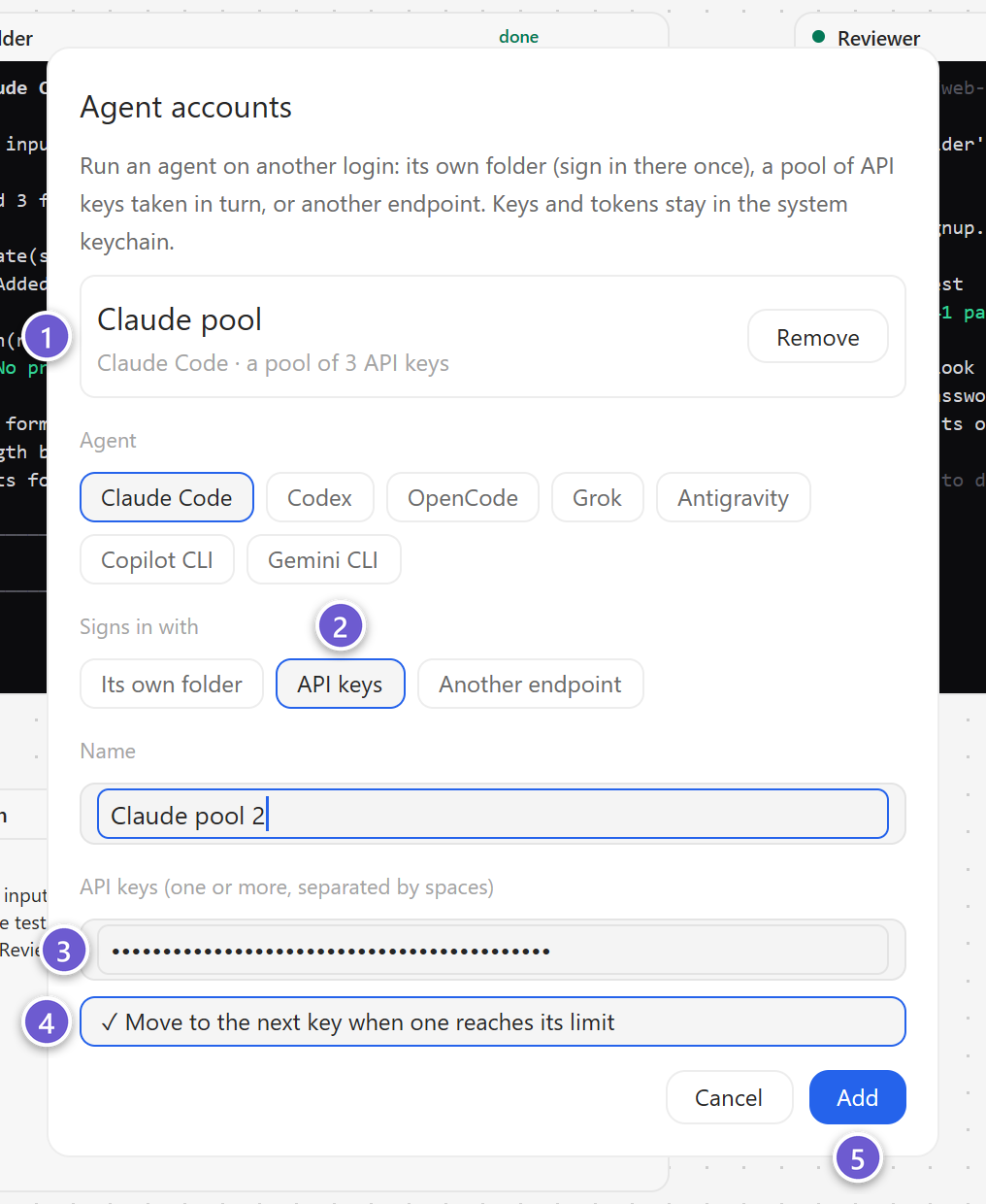 The Agent accounts sheet, adding an account with API keys