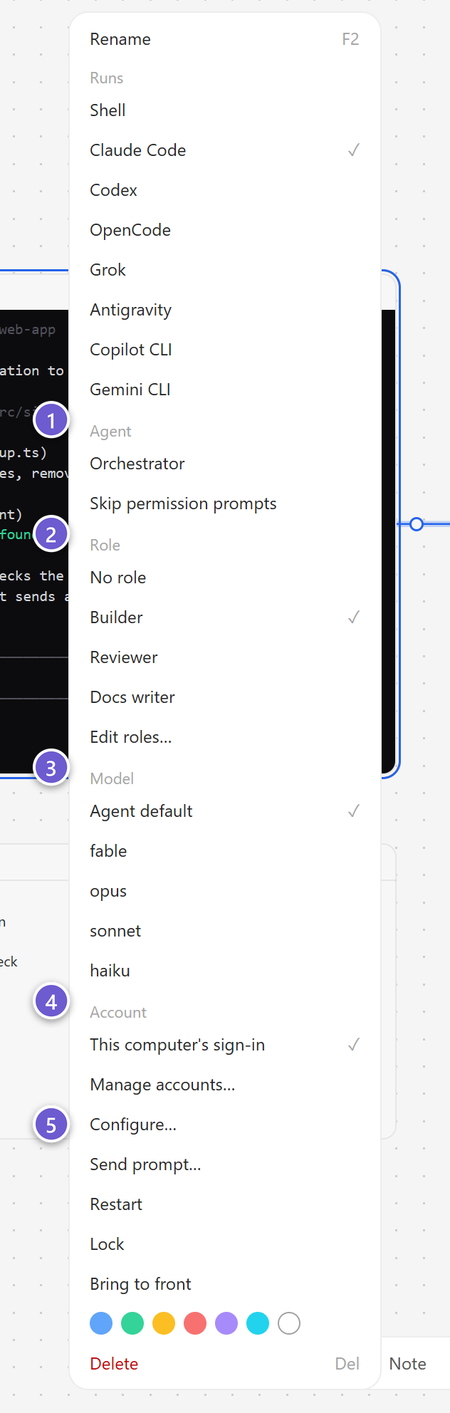 An agent’s right-click menu with its Agent, Role, Model and Account sections