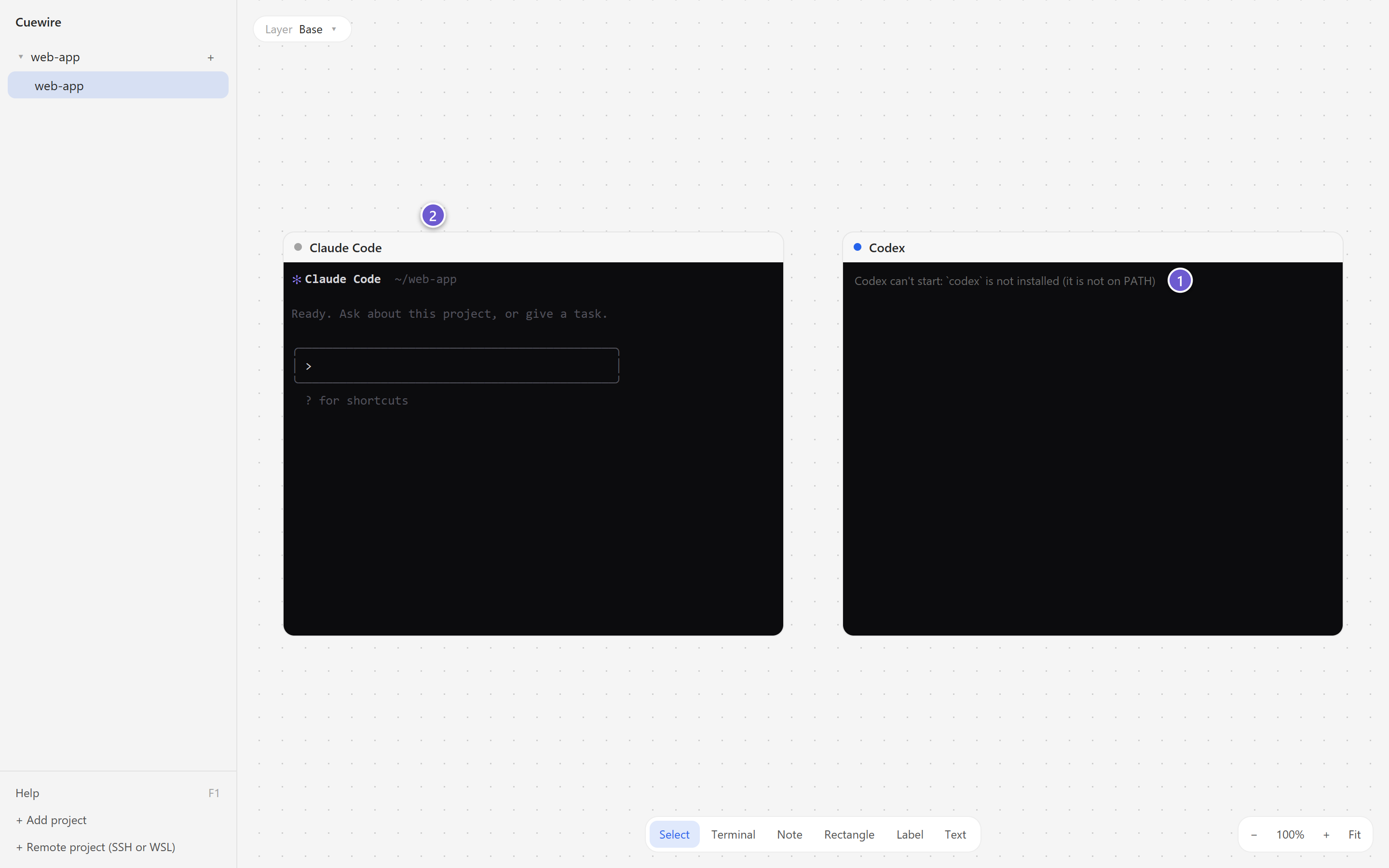 A Codex terminal that could not start because Codex is not installed