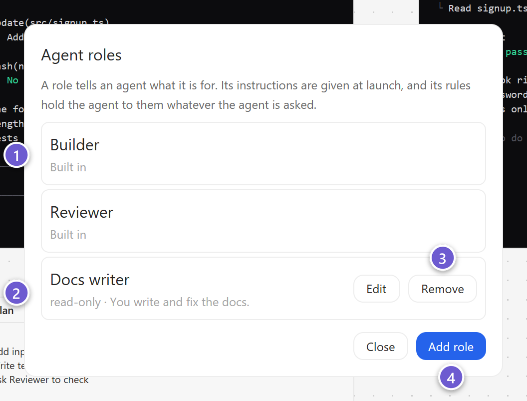 The Agent roles sheet with the built-in roles and one of your own