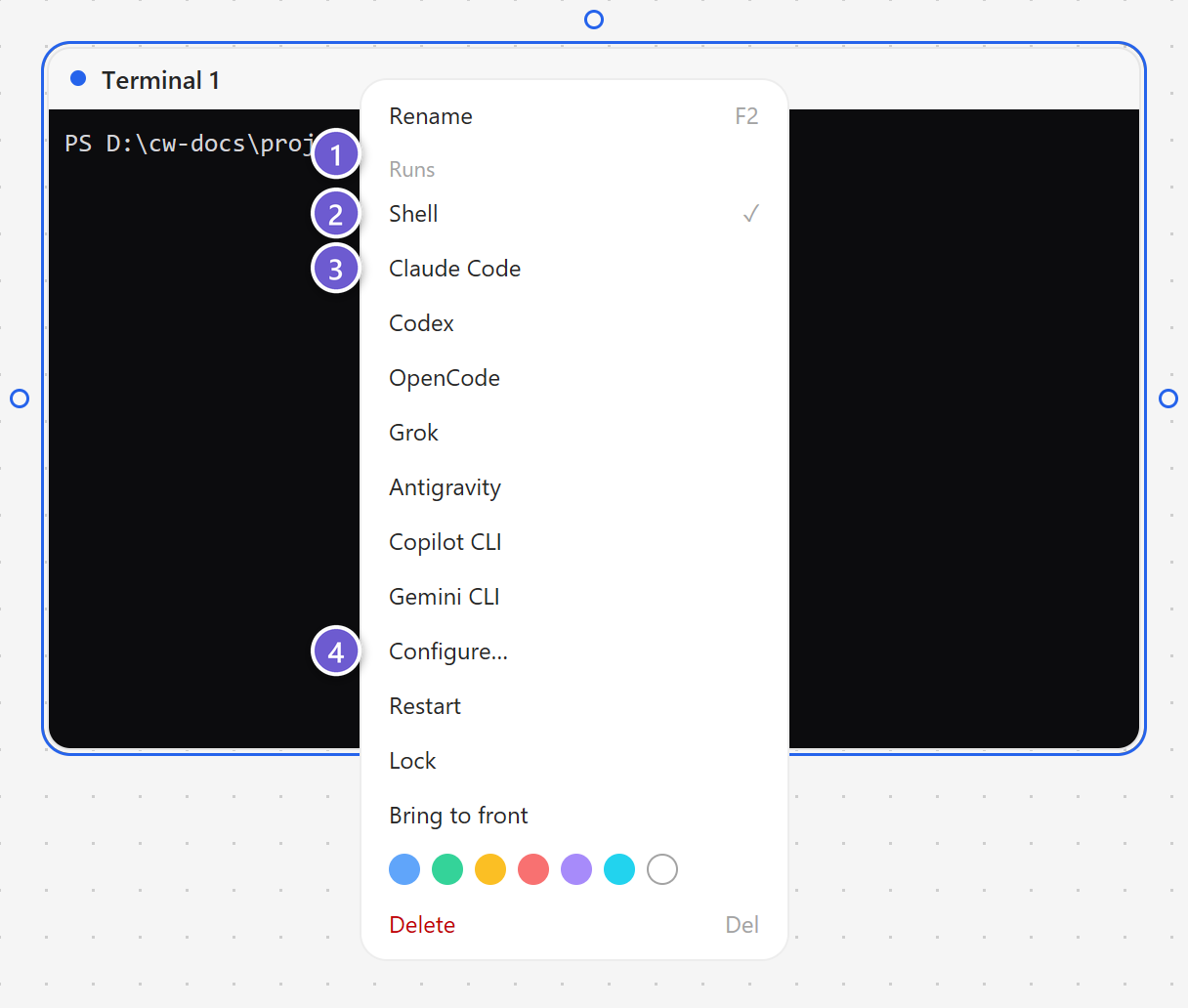 A terminal’s right-click menu with the Runs list open
