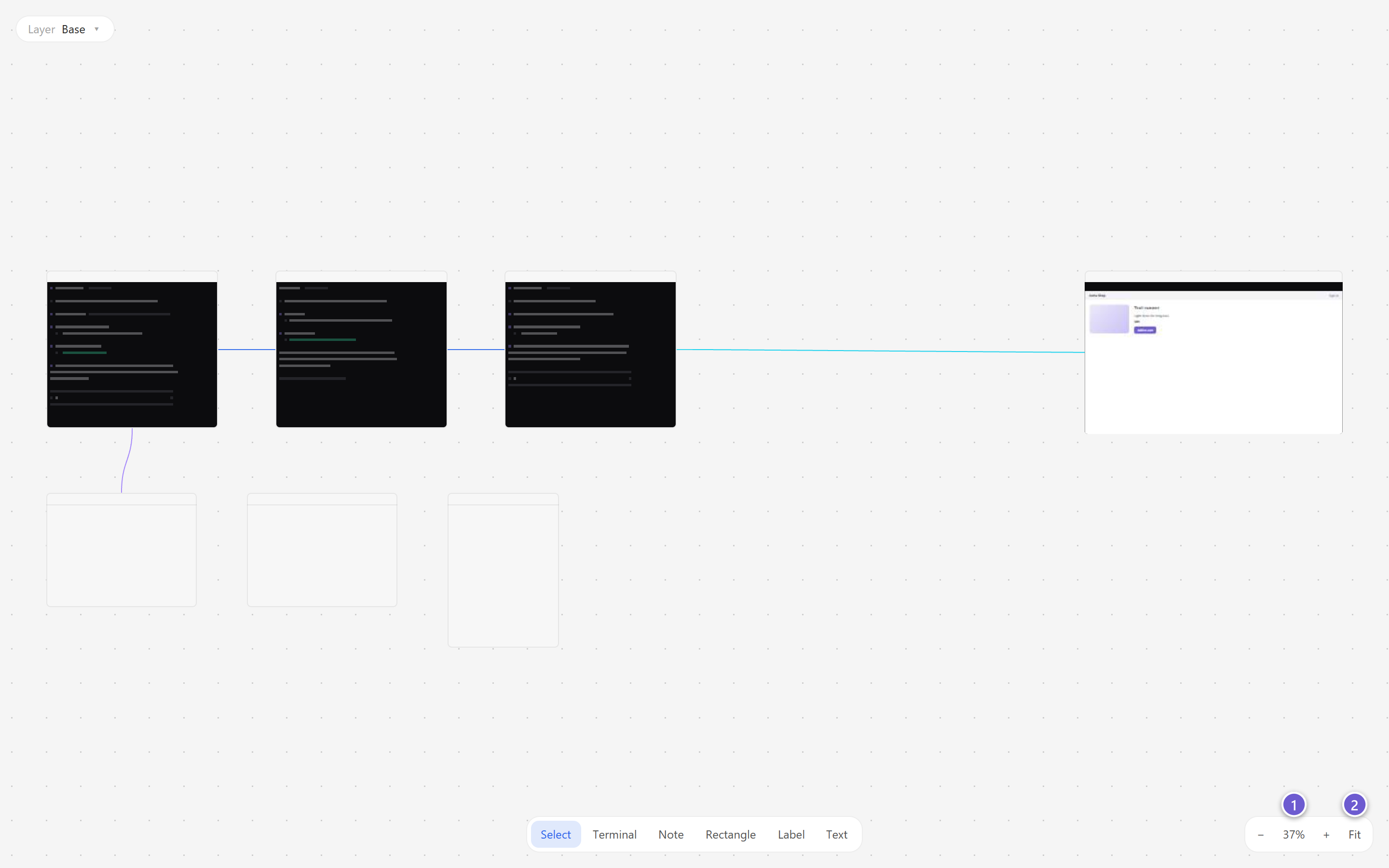 A canvas zoomed out to show many nodes, with the zoom controls at the bottom right
