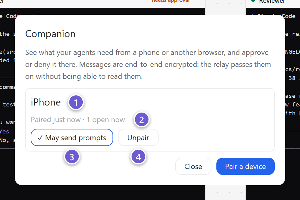 The Companion sheet listing a paired iPhone with May send prompts turned on