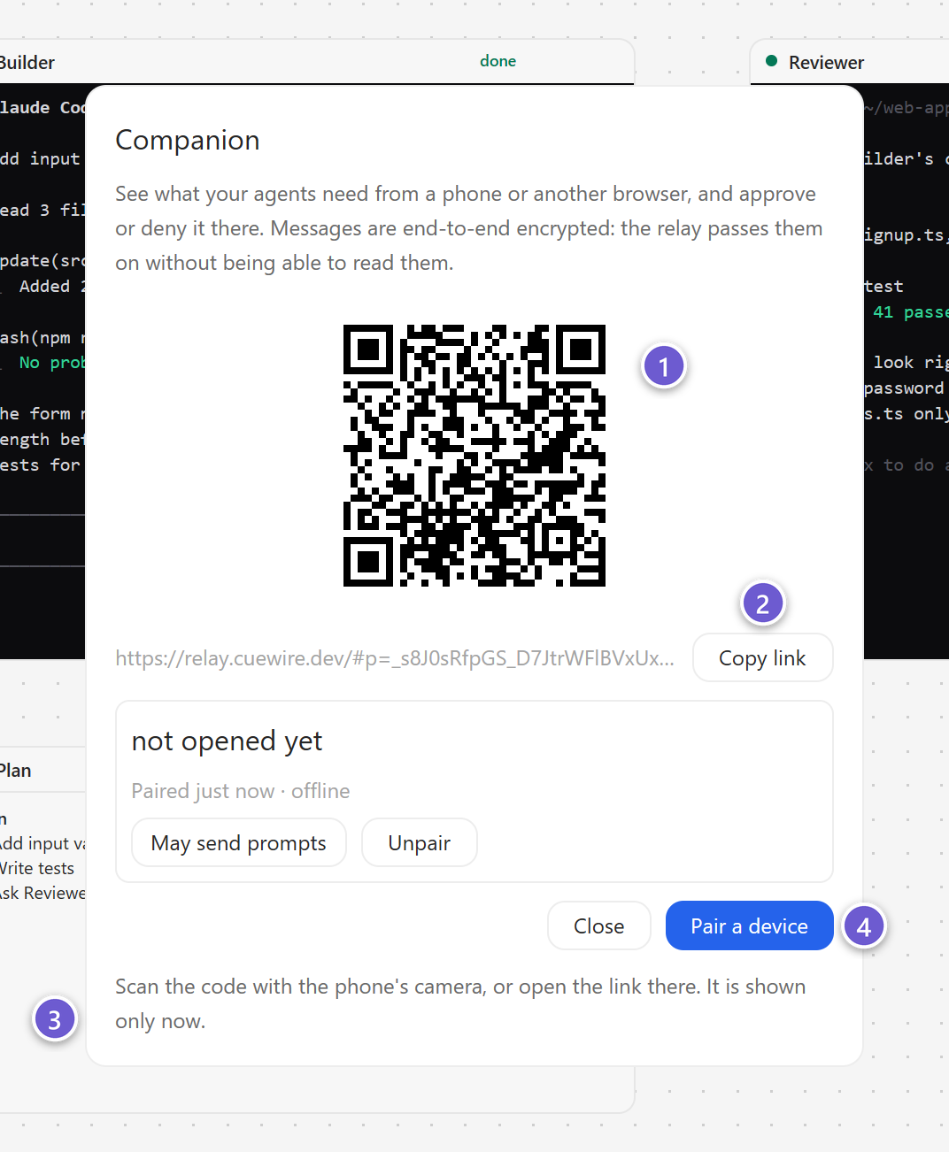The Companion sheet showing a QR code, the link and Copy link