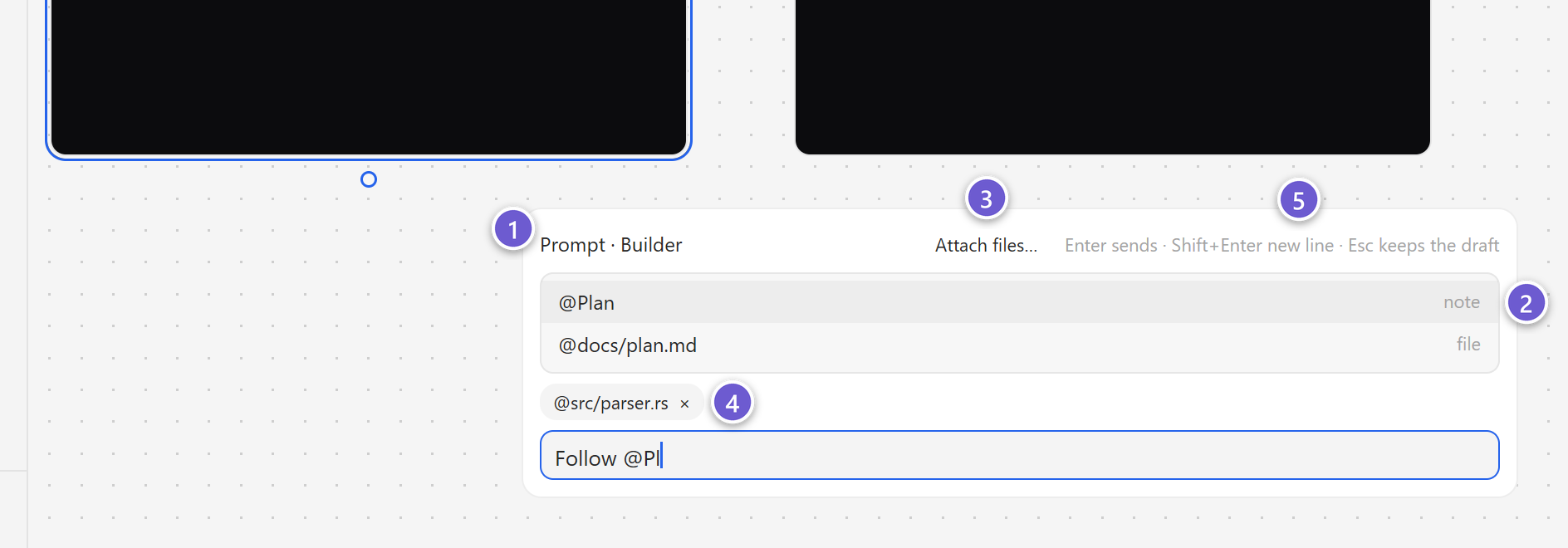 The prompt composer with an @ list open