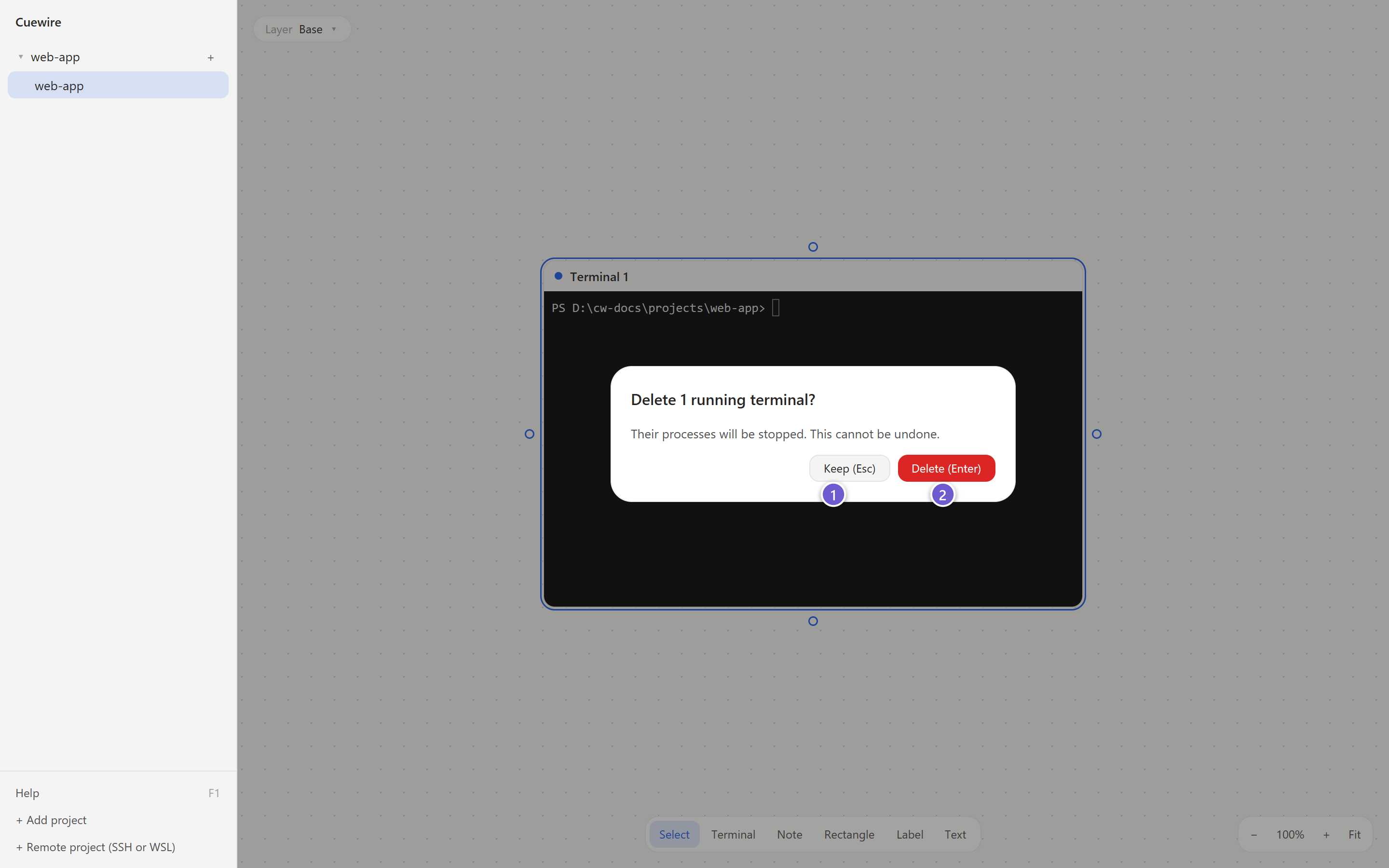 The dialog that asks before deleting a running terminal