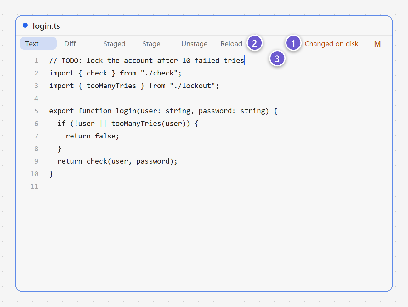A file node whose strip says Changed on disk