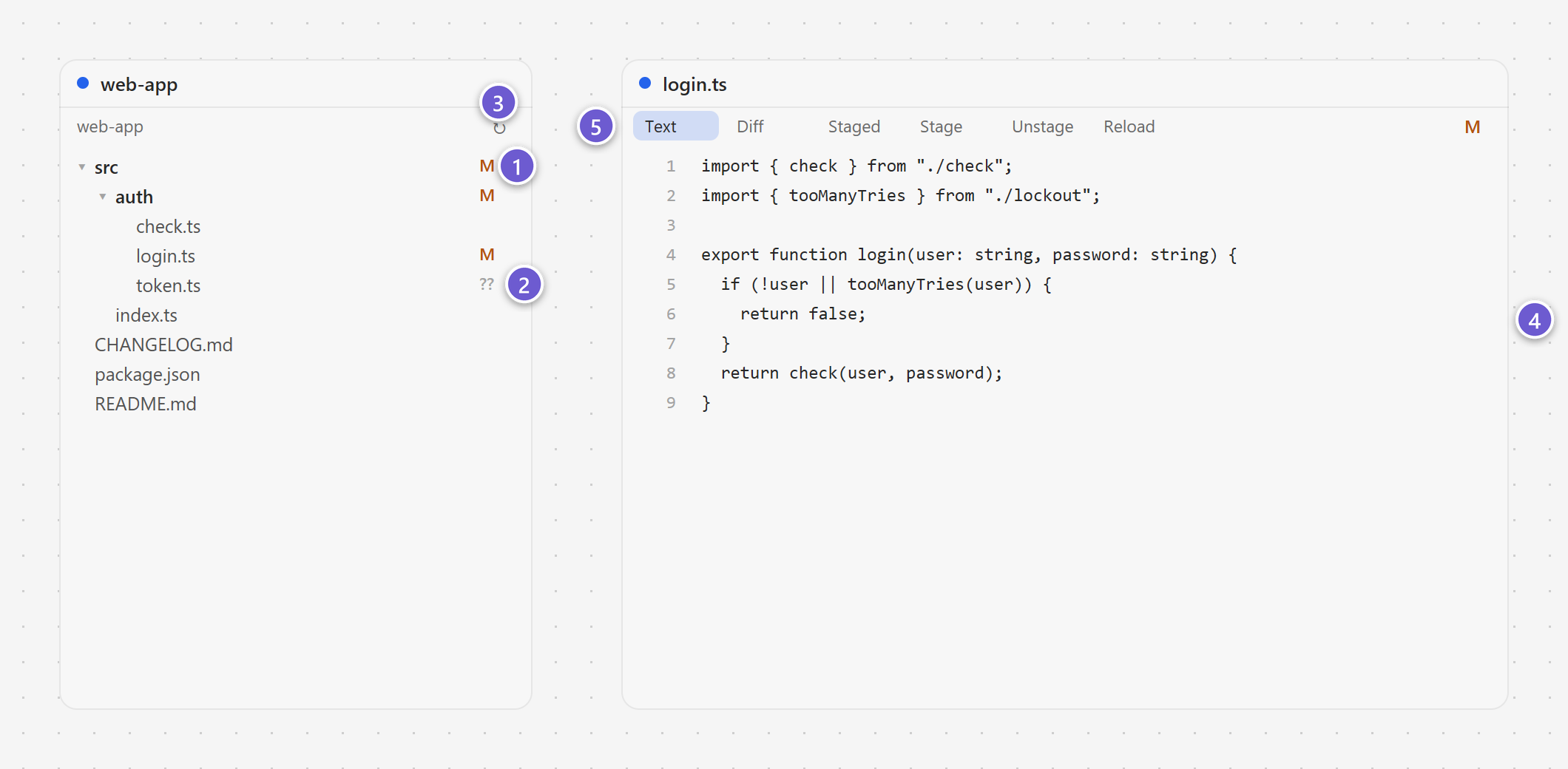 A file tree with git badges and a file open beside it