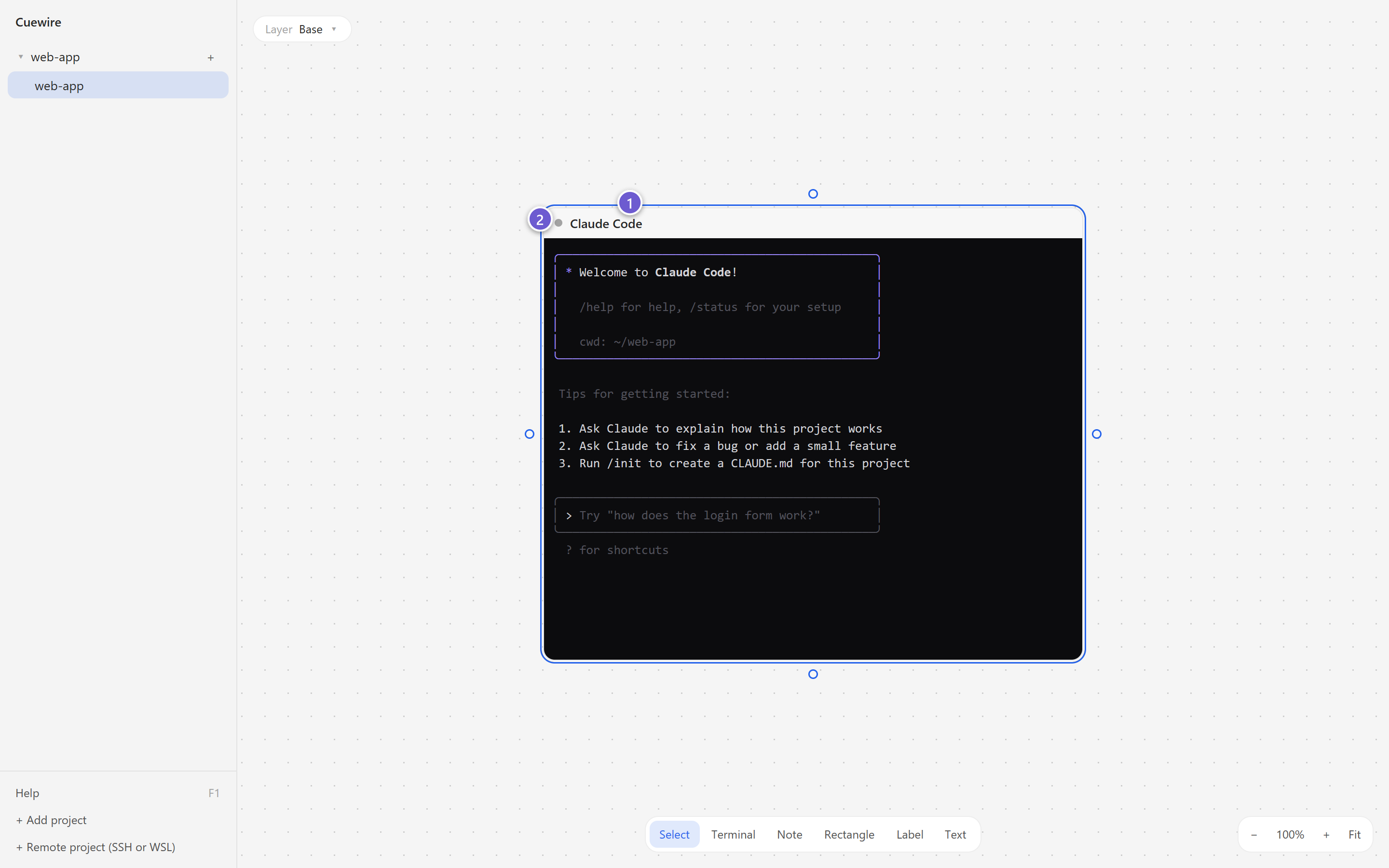 A new Claude Code terminal on the canvas, just started