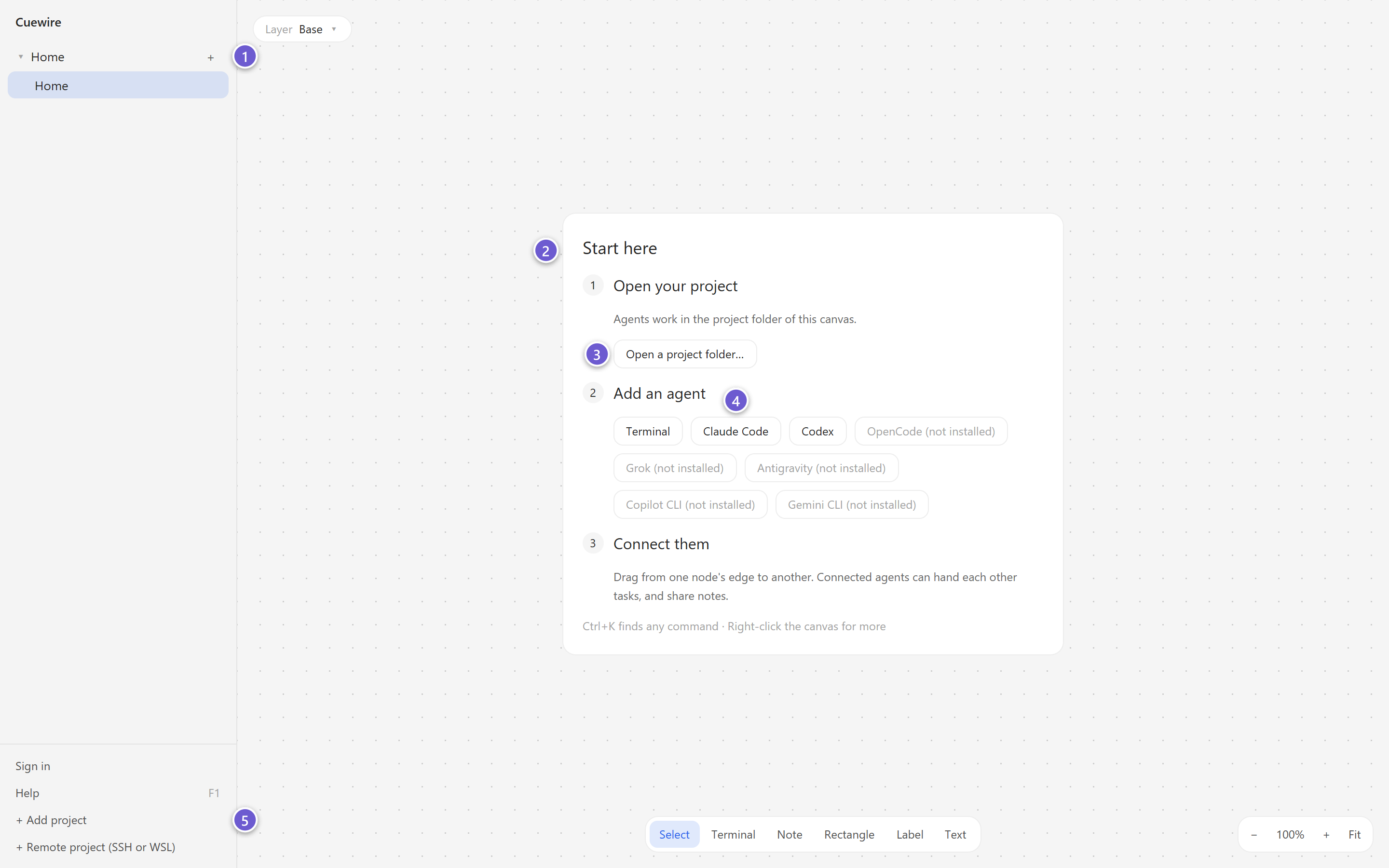 Cuewire on first launch: the Home workspace in the sidebar and the Start here card on an empty canvas