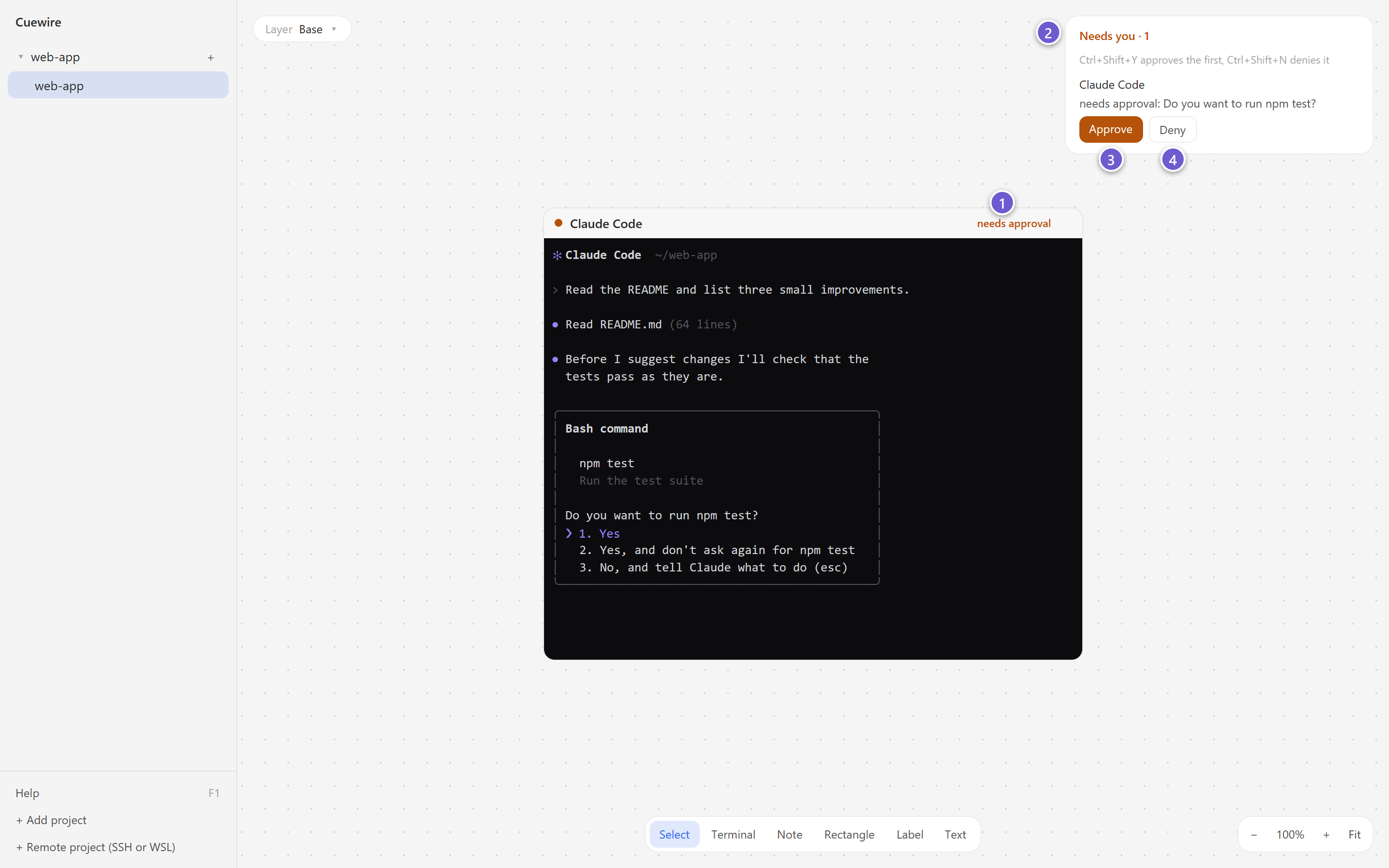 The Claude Code terminal with needs approval in its title bar, and the Needs you list showing Approve and Deny