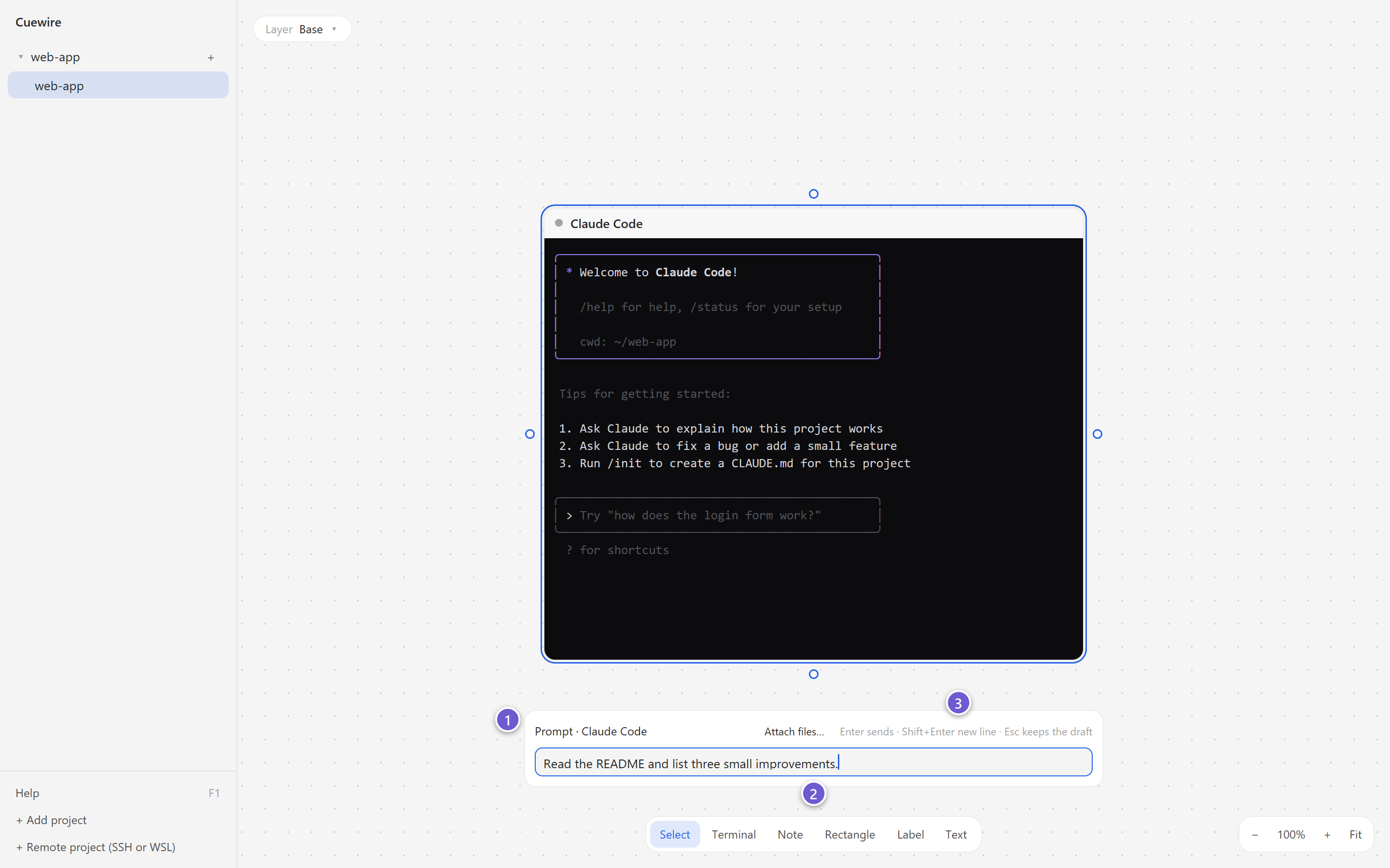 The prompt box open at the bottom of the canvas, with a request typed for Claude Code