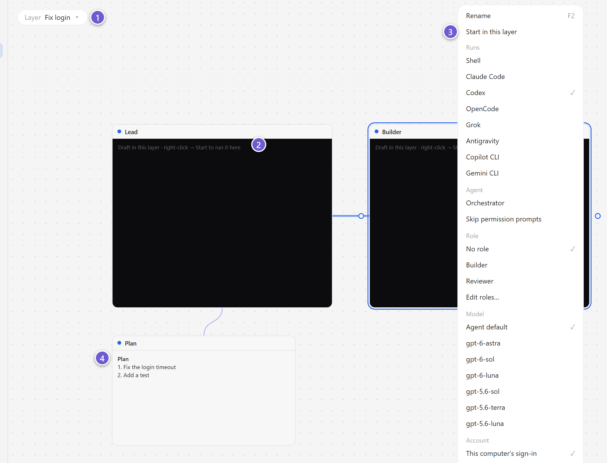 A layer’s canvas with two draft terminals and a copied note
