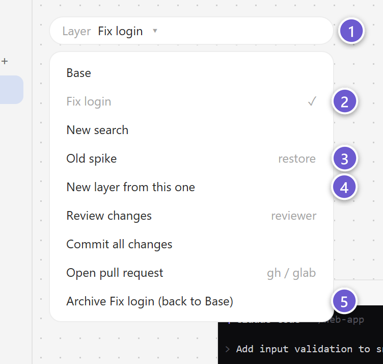 The layer chip open, with Base, two task layers and the layer actions