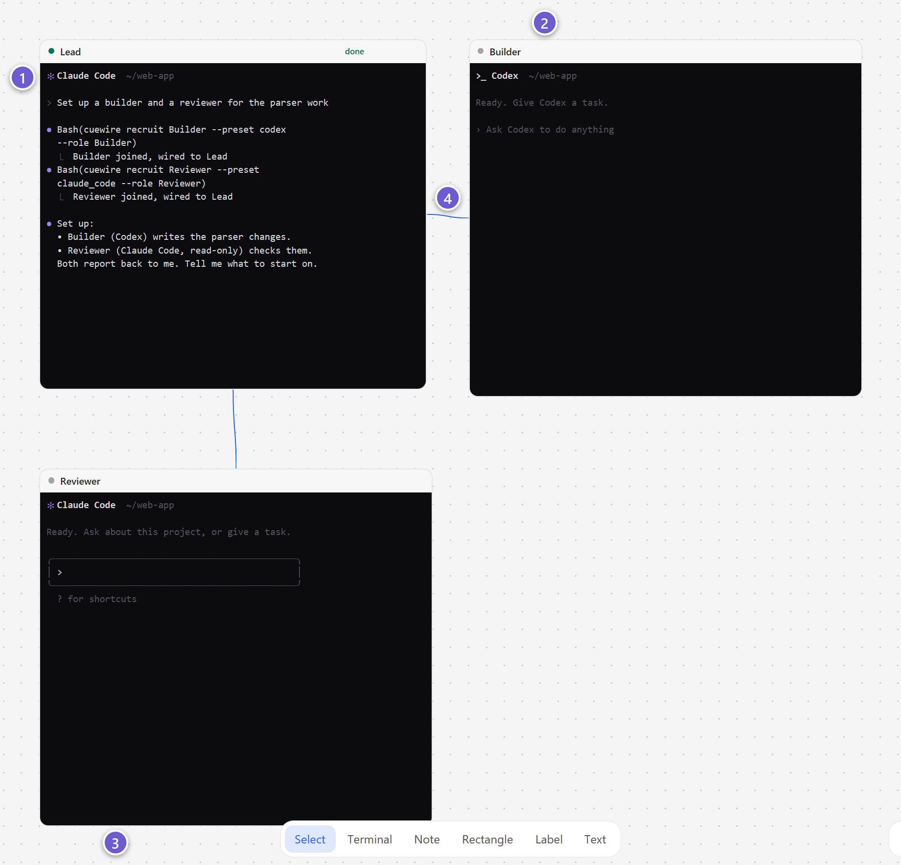 An orchestrator with the two agents it added, wired to it