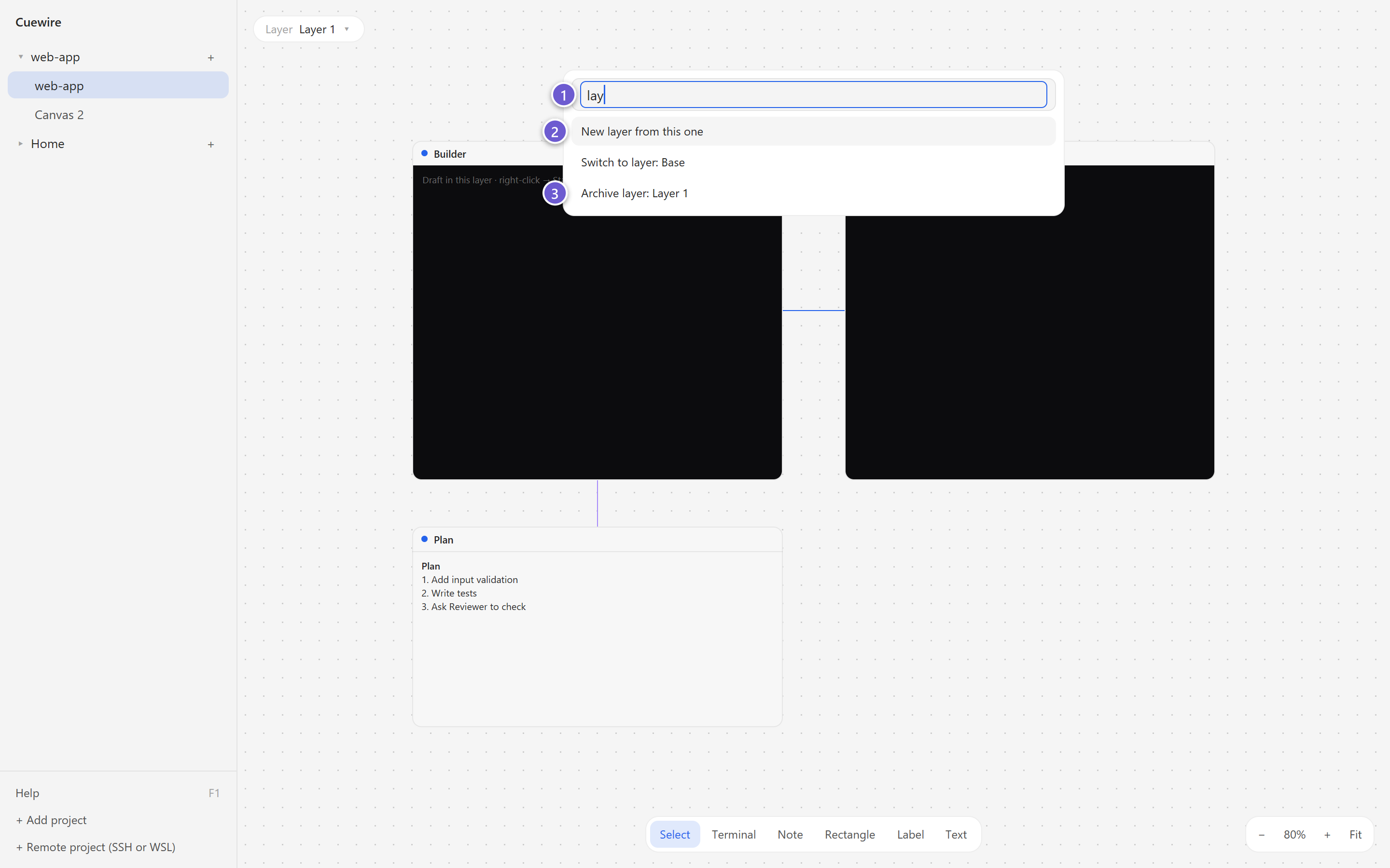 The command palette with “lay” typed, showing the layer commands