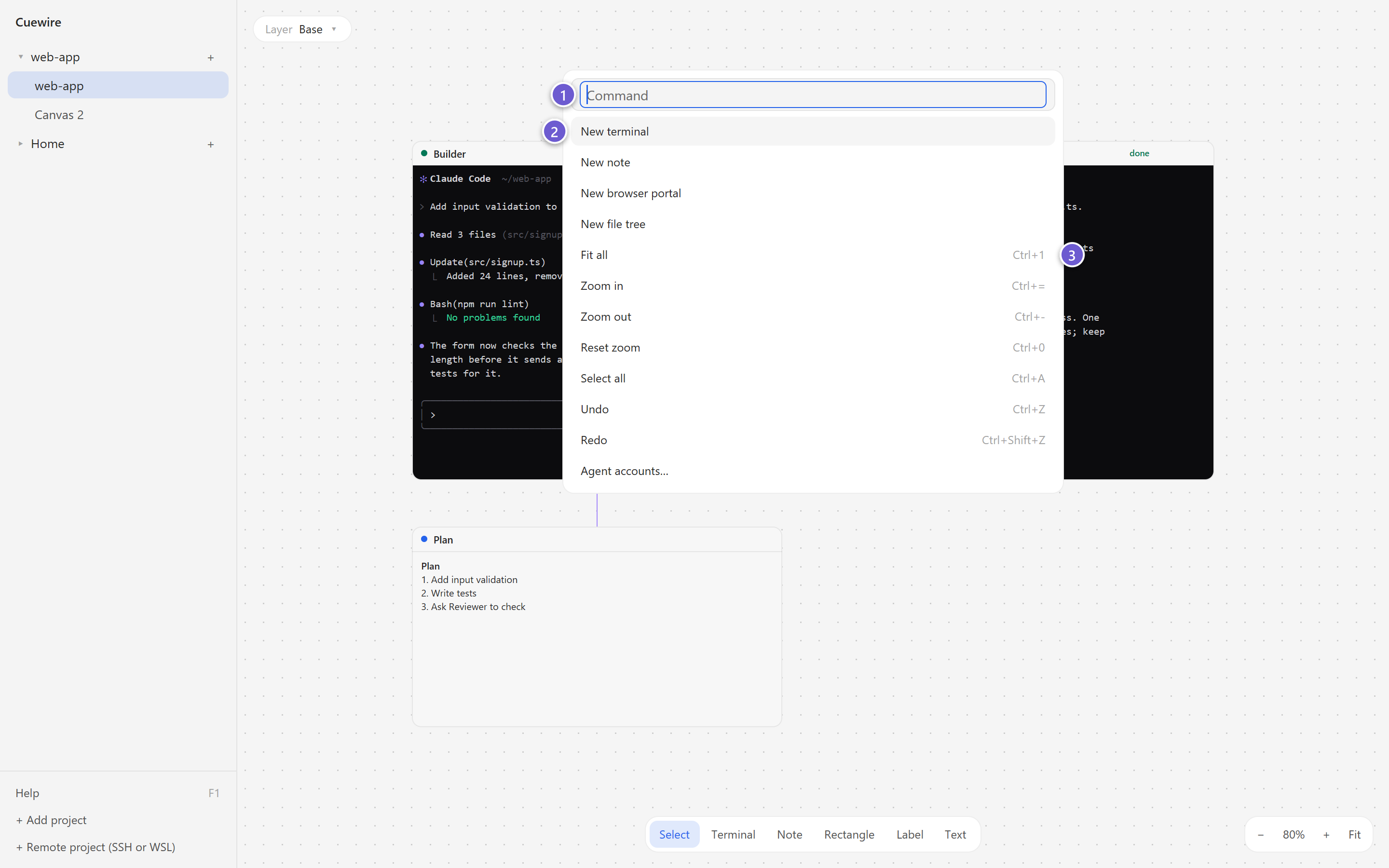 The command palette, open over the canvas, with no text typed