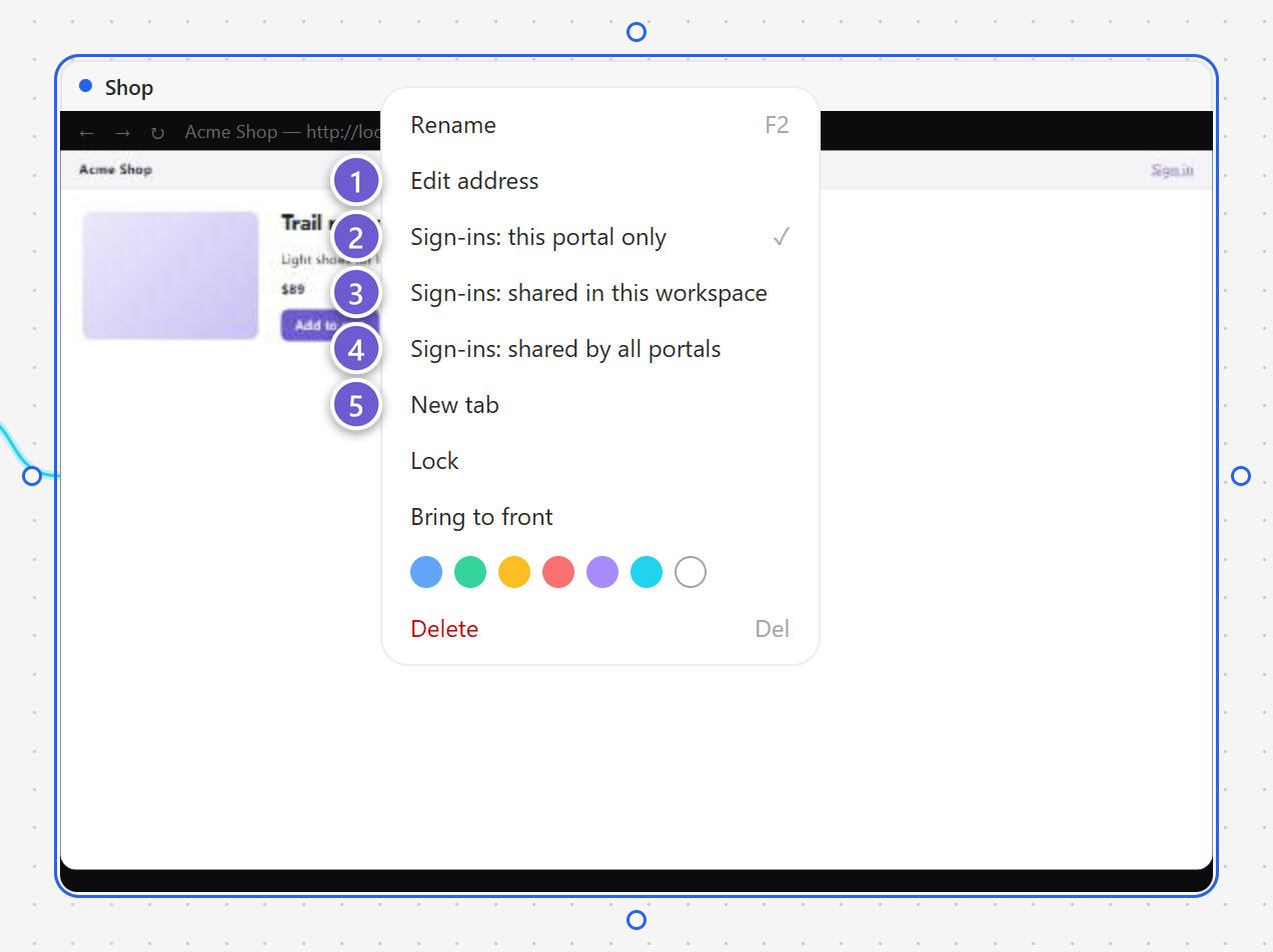 A portal’s right-click menu with the three sign-in choices