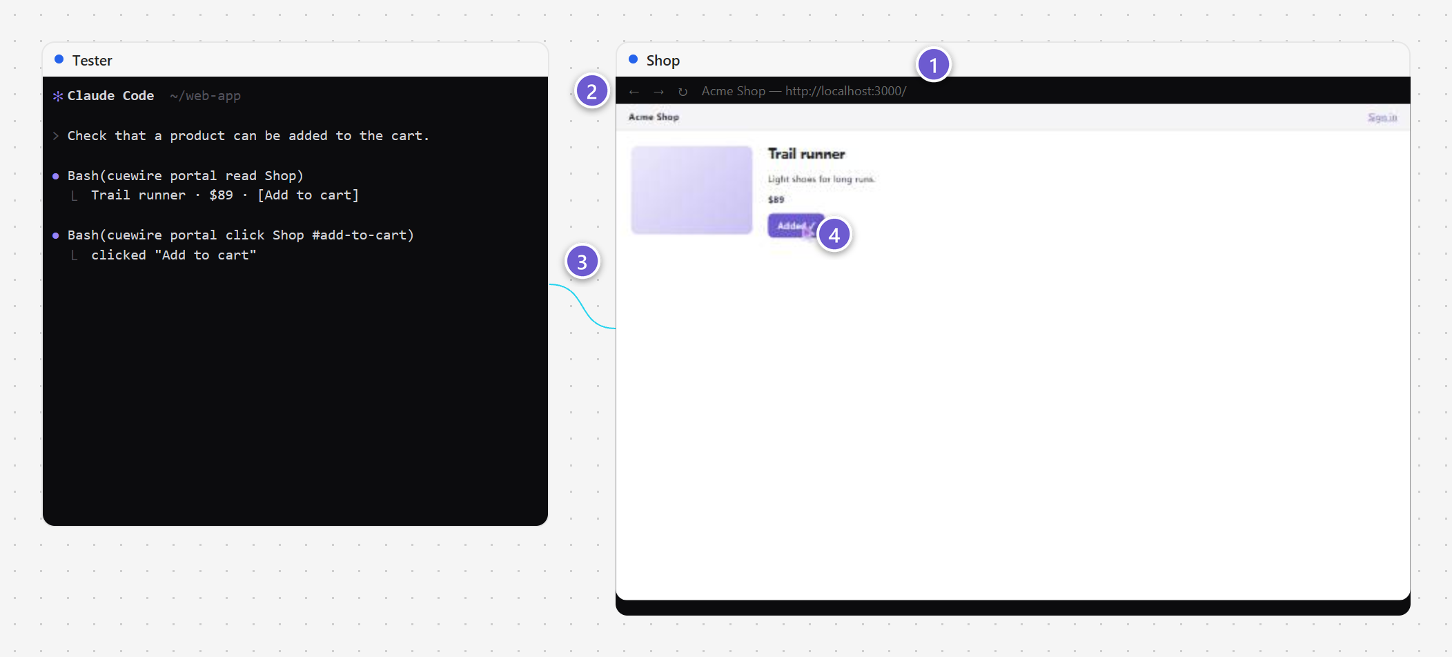 A portal showing a web app, wired to an agent, with the purple agent cursor on a button