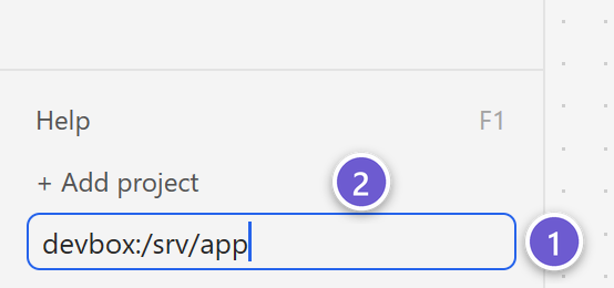 The sidebar field for a remote project, with devbox:/srv/app typed in