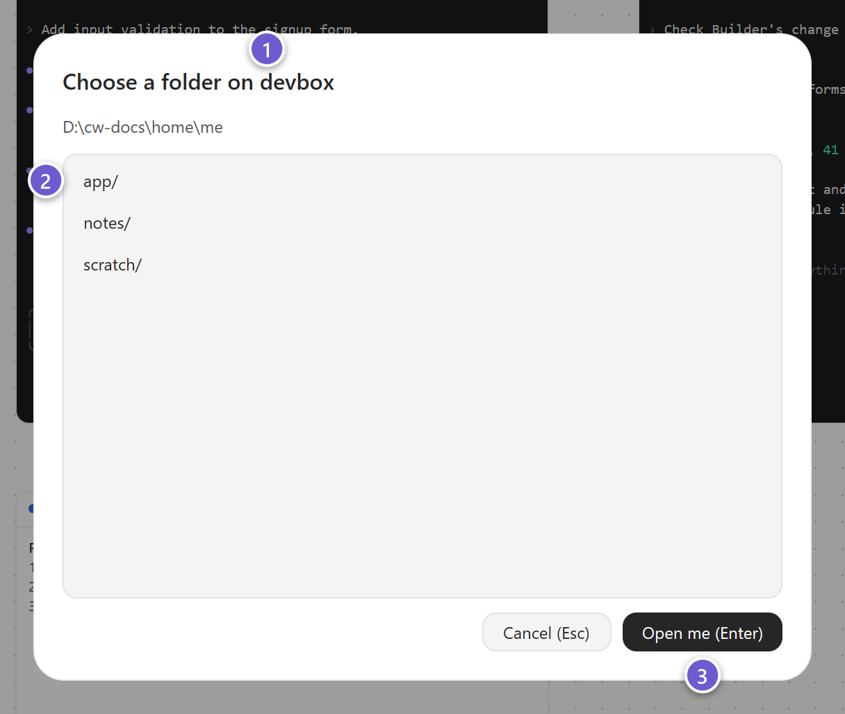 The folder picker for a host, listing the folders in the home folder
