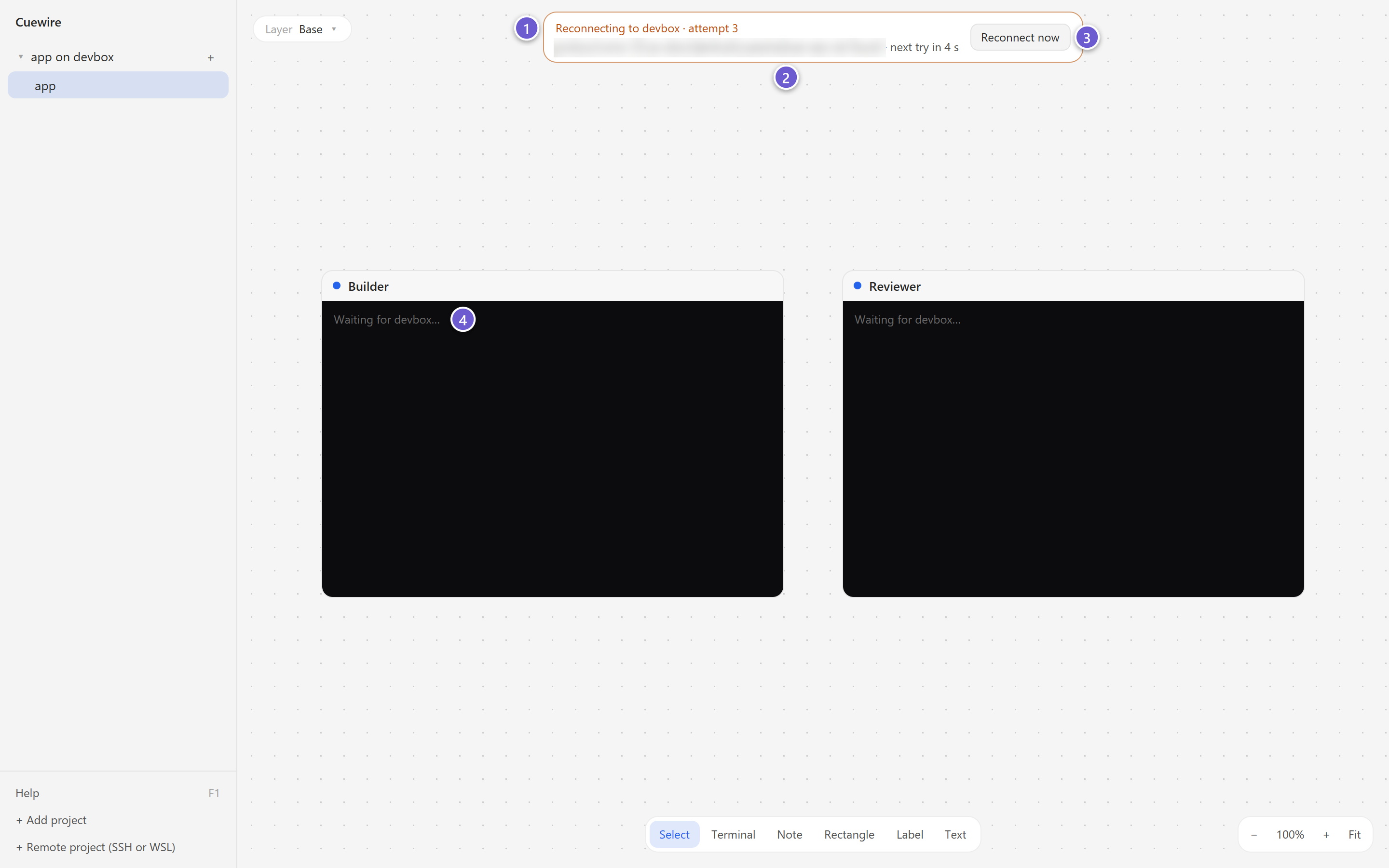 The reconnect banner on a remote canvas