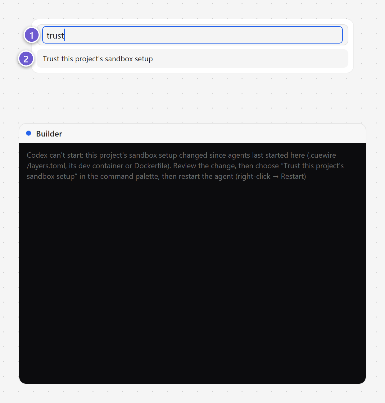 The command palette with Trust this project’s sandbox setup