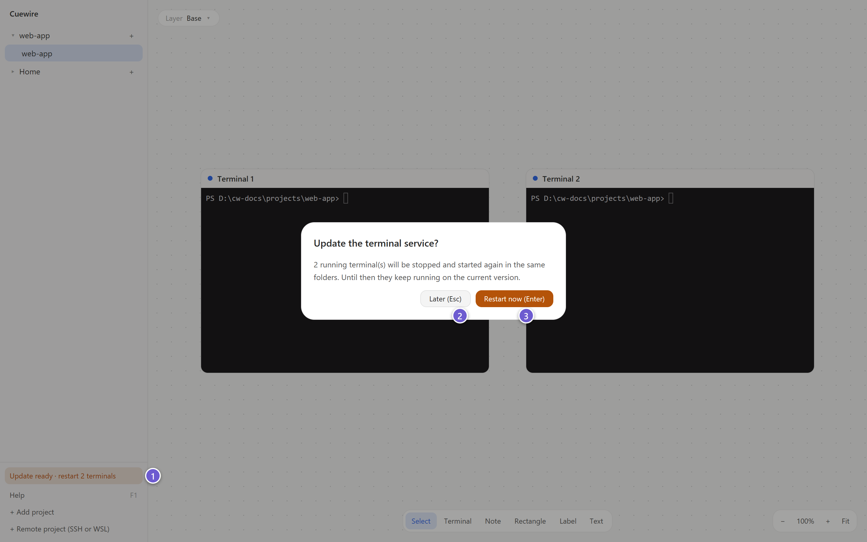 The sidebar showing Update ready, and the dialog that asks to update the terminal service