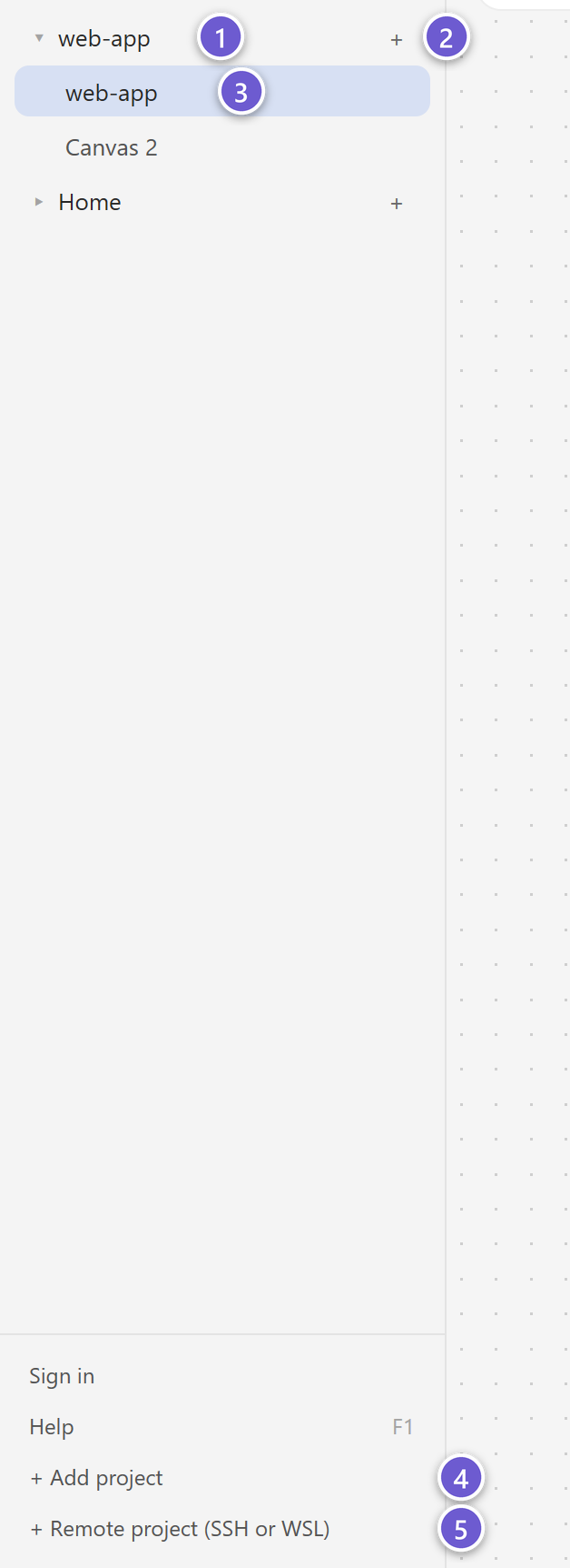 The sidebar with two workspaces, one unfolded to show its two canvases