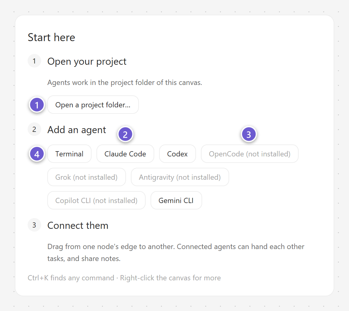 The Start here card on an empty canvas, with a button for each agent