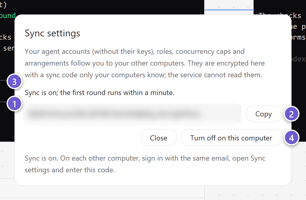 The Sync settings sheet showing a new sync code and Copy