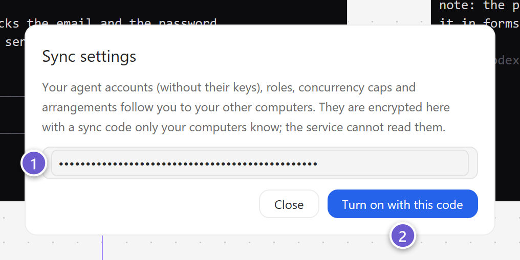 The Sync settings sheet with a sync code typed in