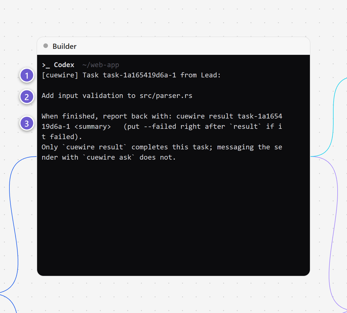 A Builder agent’s terminal showing a task from Lead