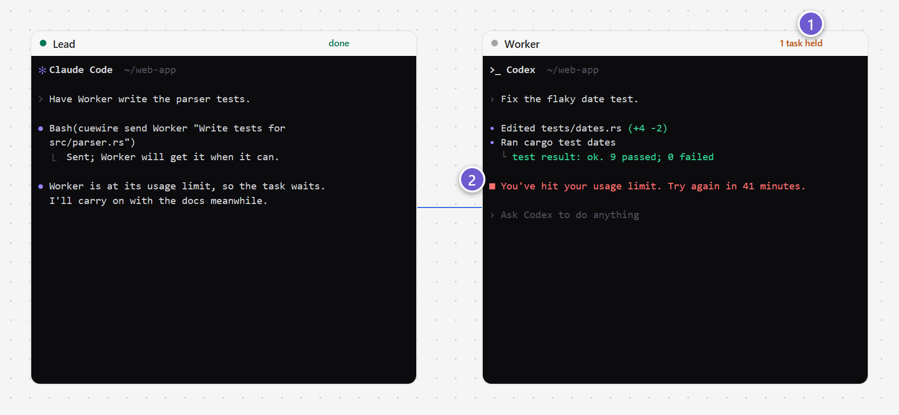 An agent’s header showing 1 task held