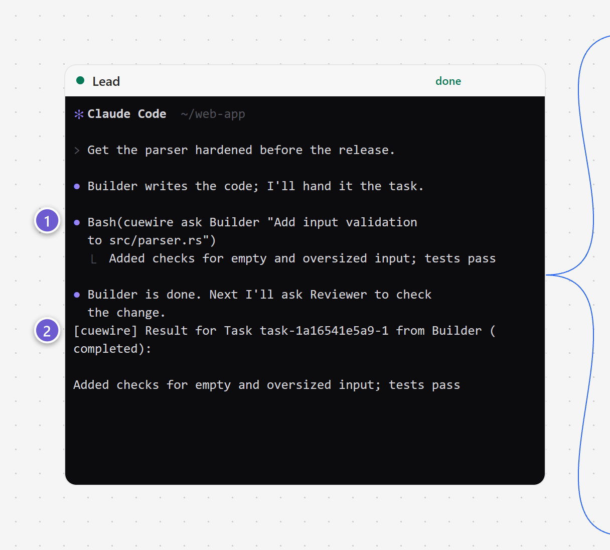 The Lead agent’s terminal with the result of cuewire ask