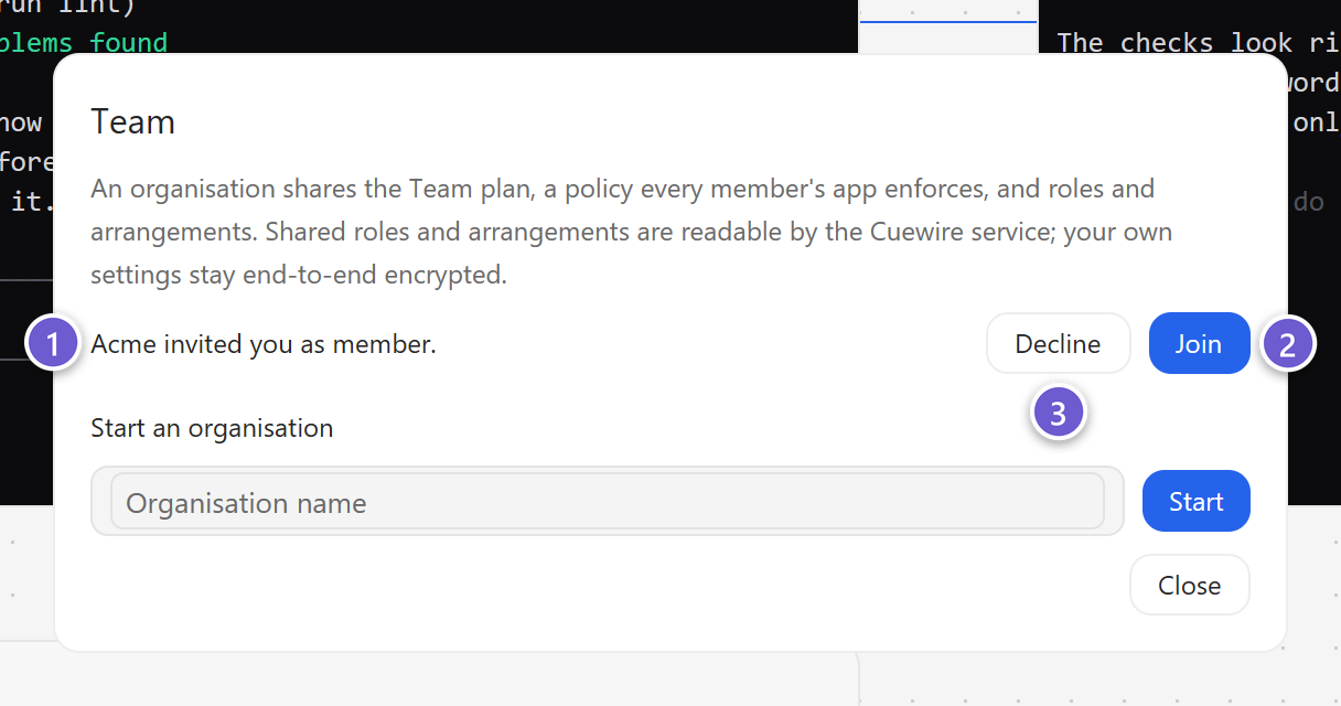 The Team sheet of an invited person, with Join and Decline