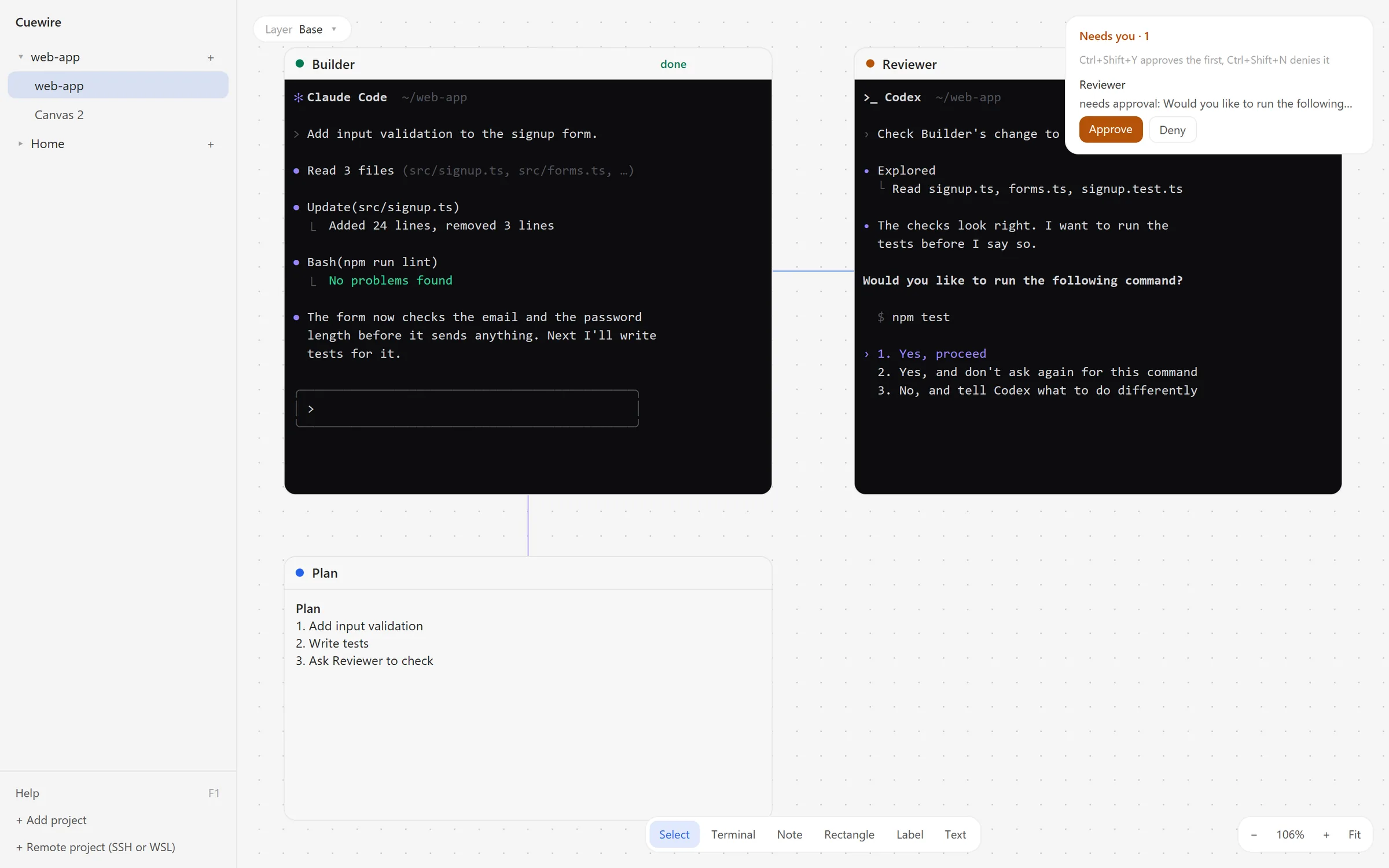 The Cuewire canvas: a Claude Code agent and a Codex agent side by side, a shared plan note, and a Needs you card asking to approve a command