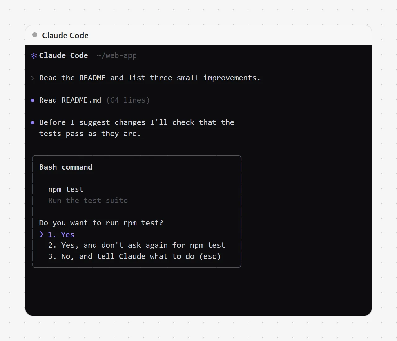 A Claude Code terminal asking to run npm test, and the Needs you card with Approve and Deny