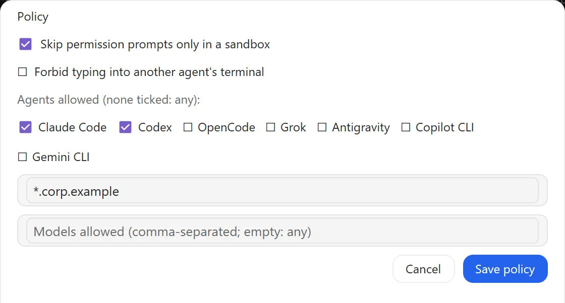 The Team sheet's policy: skip permission prompts only in a sandbox, the allowed agents, and the allowed remote hosts