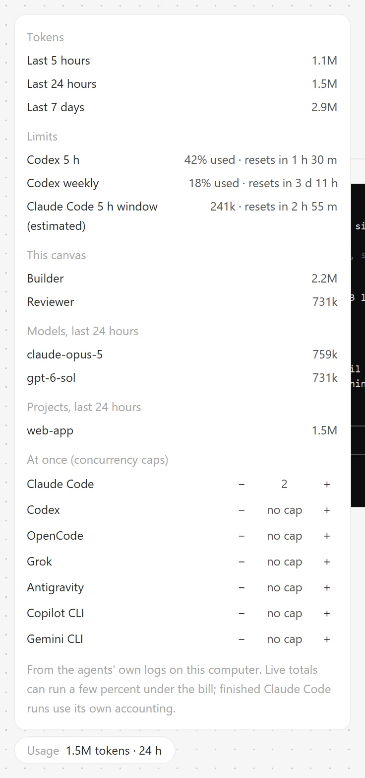The Usage panel: tokens over 5 hours, a day and a week, each agent's limits and when they reset